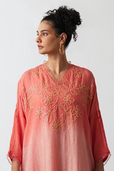 Shop One Not Two Orange Viscose, Silk, Modal, Satin Embroidery, Hand Work Kaftan And Pant Set Online at Aza Fashions Shop_One Not Two_Orange Viscose, Silk, Modal, Satin Embroidery, Hand Work Kaftan And Pant Set _Online_at_Aza_Fashions