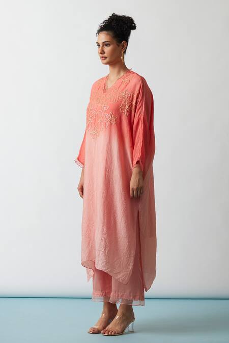 One Not Two Orange Viscose, Silk, Modal, Satin Embroidery, Hand Work Kaftan And Pant Set at Aza Fashions One Not Two_Orange Viscose, Silk, Modal, Satin Embroidery, Hand Work Kaftan And Pant Set _at_Aza_Fashions