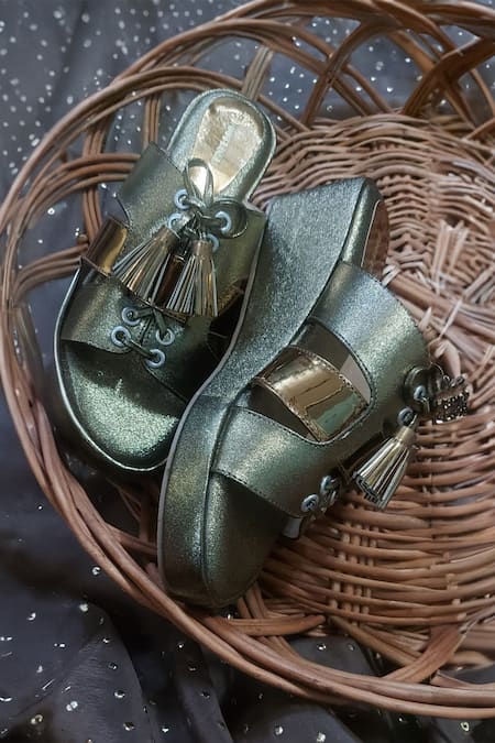 Foot Fuel_Brown Tassels, Cut Work Dhairya Embellished Flip Flop Wedges _Online_at_Aza_Fashions