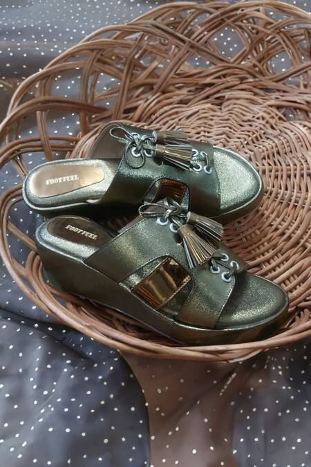 Shop_Foot Fuel_Brown Tassels, Cut Work Dhairya Embellished Flip Flop Wedges _Online_at_Aza_Fashions