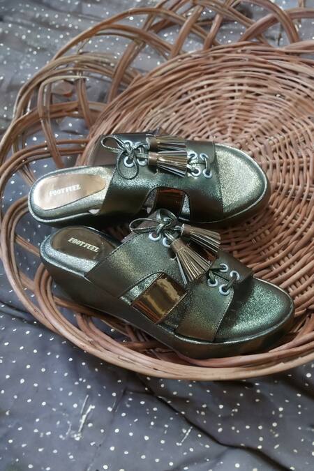 Foot Fuel_Brown Tassels, Cut Work Dhairya Embellished Flip Flop Wedges _at_Aza_Fashions