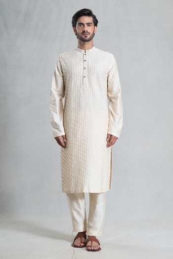 Arihant Rai Sinha_Cream Kota Doria Embroidery Wave Textured Kurta With Pyjama Pant_Online_at_Aza_Fashions