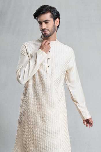 Buy_Arihant Rai Sinha_Cream Kota Doria Embroidery Wave Textured Kurta With Pyjama Pant_Online_at_Aza_Fashions