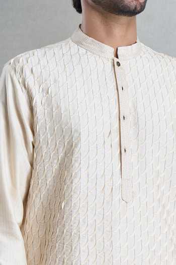 Shop_Arihant Rai Sinha_Cream Kota Doria Embroidery Wave Textured Kurta With Pyjama Pant_Online_at_Aza_Fashions