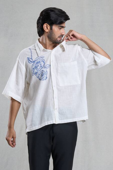 Buy_Aryavir Malhotra_White Cotton Rose Hand Painted Shirt _Online_at_Aza_Fashions