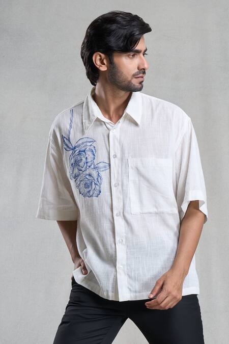 Shop_Aryavir Malhotra_White Cotton Rose Hand Painted Shirt _Online_at_Aza_Fashions