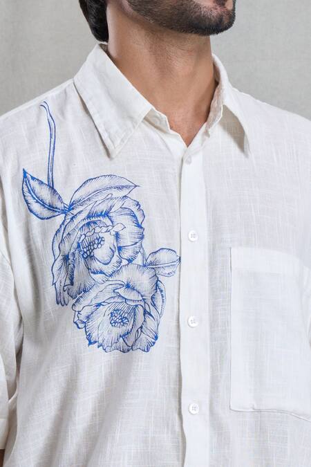 Aryavir Malhotra_White Cotton Rose Hand Painted Shirt _at_Aza_Fashions