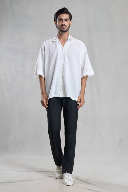 Buy_Aryavir Malhotra_White Cotton Hand Painted Collar Shirt _Online_at_Aza_Fashions