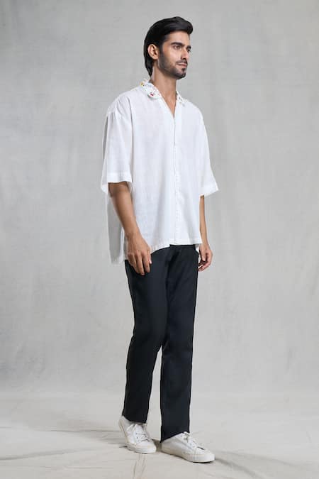 Shop_Aryavir Malhotra_White Cotton Hand Painted Collar Shirt _Online_at_Aza_Fashions