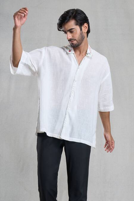 Aryavir Malhotra_White Cotton Hand Painted Collar Shirt _at_Aza_Fashions