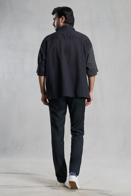 Shop_Aryavir Malhotra_Black Cotton Stripe Hand Painted Shirt _at_Aza_Fashions