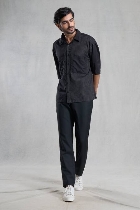 Aryavir Malhotra_Black Cotton Stripe Hand Painted Shirt _Online_at_Aza_Fashions