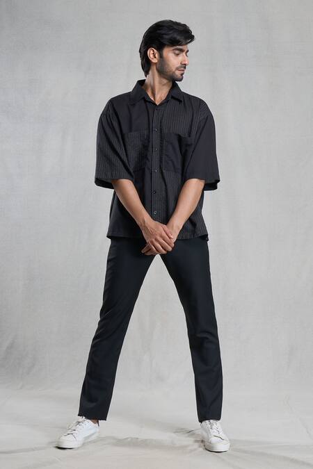 Buy_Aryavir Malhotra_Black Cotton Stripe Hand Painted Shirt _Online_at_Aza_Fashions