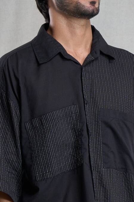 Shop_Aryavir Malhotra_Black Cotton Stripe Hand Painted Shirt _Online_at_Aza_Fashions
