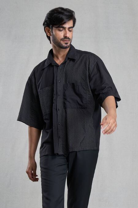 Aryavir Malhotra_Black Cotton Stripe Hand Painted Shirt _at_Aza_Fashions