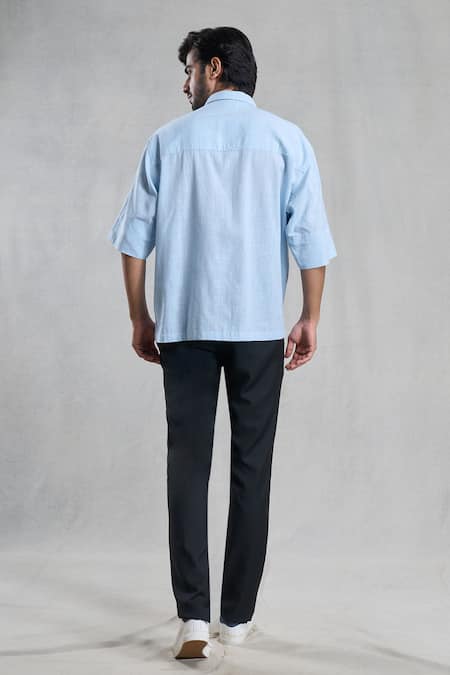 Shop_Aryavir Malhotra_Blue Cotton Embroidery Motif Hand Painted Shirt _at_Aza_Fashions