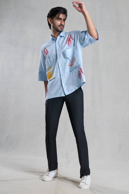 Aryavir Malhotra_Blue Cotton Embroidery Motif Hand Painted Shirt _Online_at_Aza_Fashions