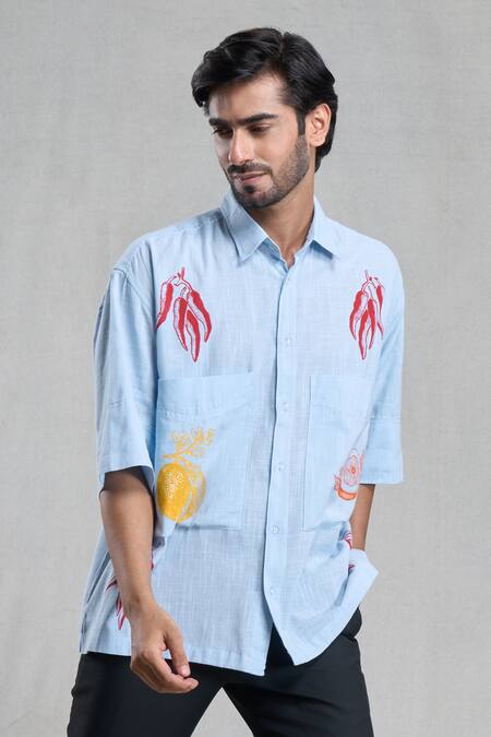 Buy_Aryavir Malhotra_Blue Cotton Embroidery Motif Hand Painted Shirt _Online_at_Aza_Fashions