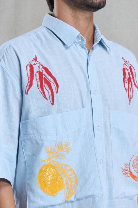 Shop_Aryavir Malhotra_Blue Cotton Embroidery Motif Hand Painted Shirt _Online_at_Aza_Fashions