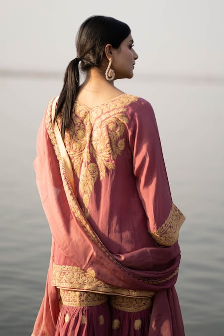 Buy Daljit Sudan Pink Crepe And Georgette Tilla Leaf Neck Embroidered Kurta Sharara Set Buy_Daljit Sudan_Pink Crepe And Georgette Tilla Leaf Neck Embroidered Kurta Sharara Set