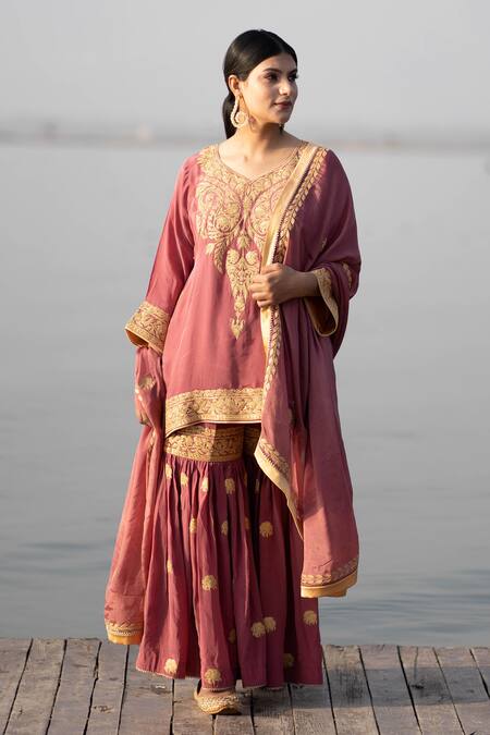 Shop Daljit Sudan Pink Crepe And Georgette Tilla Leaf Neck Embroidered Kurta Sharara Set Shop_Daljit Sudan_Pink Crepe And Georgette Tilla Leaf Neck Embroidered Kurta Sharara Set