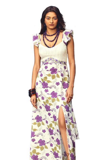 Akashi Clothing Purple Cotton Scoop Neck Dream Floral Print Slit Maxi Dress Online at Aza Fashions Akashi Clothing_Purple Cotton Scoop Neck Dream Floral Print Slit Maxi Dress _Online_at_Aza_Fashions