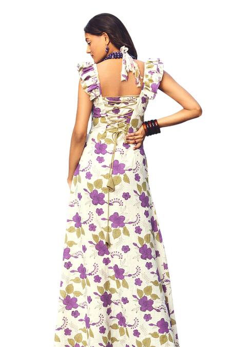 Akashi Clothing Purple Cotton Scoop Neck Dream Floral Print Slit Maxi Dress at Aza Fashions Akashi Clothing_Purple Cotton Scoop Neck Dream Floral Print Slit Maxi Dress _at_Aza_Fashions