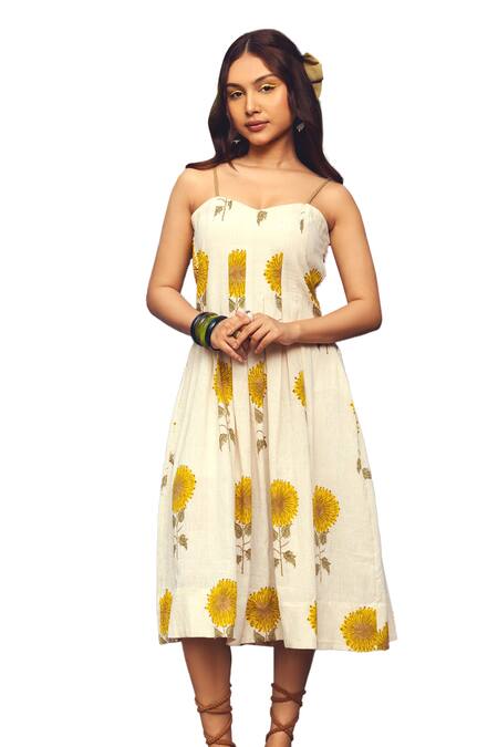 Buy_Akashi Clothing_Yellow Cotton Scoop Neck Sunflower Bliss Print Midi Dress _Online_at_Aza_Fashions