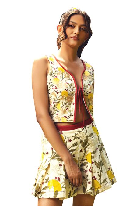 Buy Akashi Clothing Yellow Embroidery Open Neck Lemon Drop And Cherry Motif Top Online at Aza Fashions Buy_Akashi Clothing_Yellow Embroidery Open Neck Lemon Drop And Cherry Motif Top _Online_at_Aza_Fashions