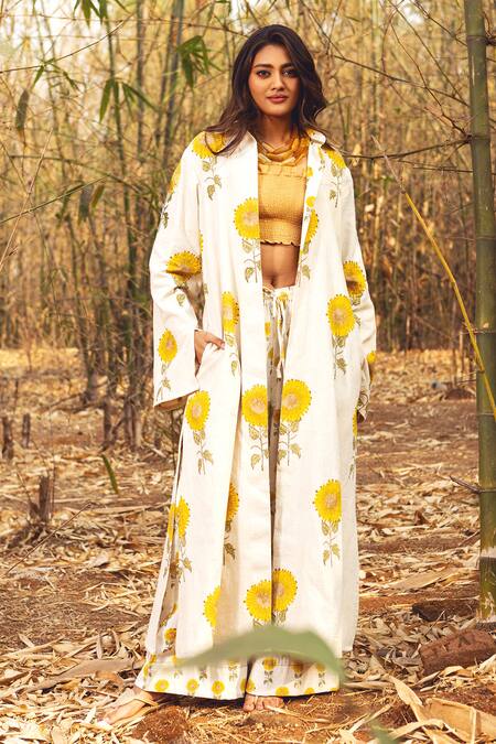 Akashi Clothing_Yellow Cotton Embroidery Open Neck Sunflower Print Long Jacket _Online_at_Aza_Fashions