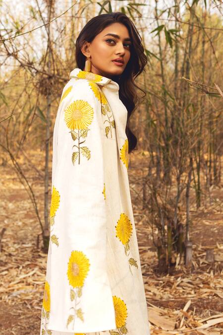 Buy_Akashi Clothing_Yellow Cotton Embroidery Open Neck Sunflower Print Long Jacket _Online_at_Aza_Fashions