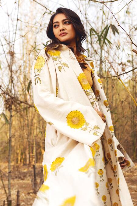Shop_Akashi Clothing_Yellow Cotton Embroidery Open Neck Sunflower Print Long Jacket _Online_at_Aza_Fashions