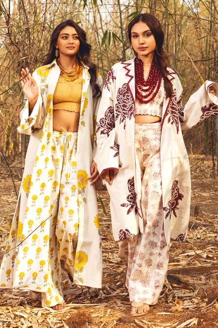 Buy_Akashi Clothing_Yellow Cotton Embroidery Open Neck Sunflower Print Long Jacket 