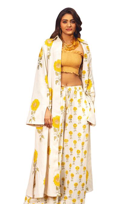 Shop_Akashi Clothing_Yellow Cotton Embroidery Open Neck Sunflower Print Long Jacket 