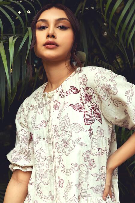 Buy Akashi Clothing Red Cotton Embroidery Round Neck Hibiscus Print Breeze Dress Online at Aza Fashions Buy_Akashi Clothing_Red Cotton Embroidery Round Neck Hibiscus Print Breeze Dress _Online_at_Aza_Fashions