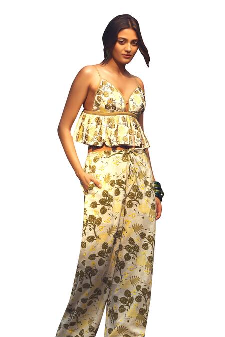 Shop Akashi Clothing Green Cotton Embroidery Plunge Neck Aloha Pineapple Leaf Print Top With Pant Online at Aza Fashions Shop_Akashi Clothing_Green Cotton Embroidery Plunge Neck Aloha Pineapple Leaf Print Top With Pant _Online_at_Aza_Fashions