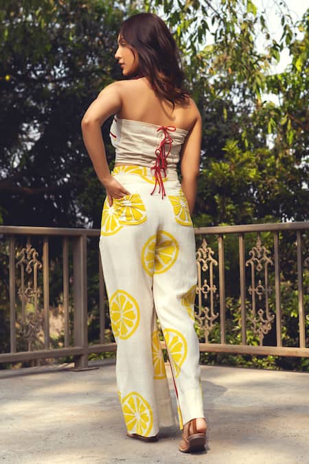 Shop_Akashi Clothing_Yellow Cotton Open Neck Limoncello Print Top With Pant _at_Aza_Fashions