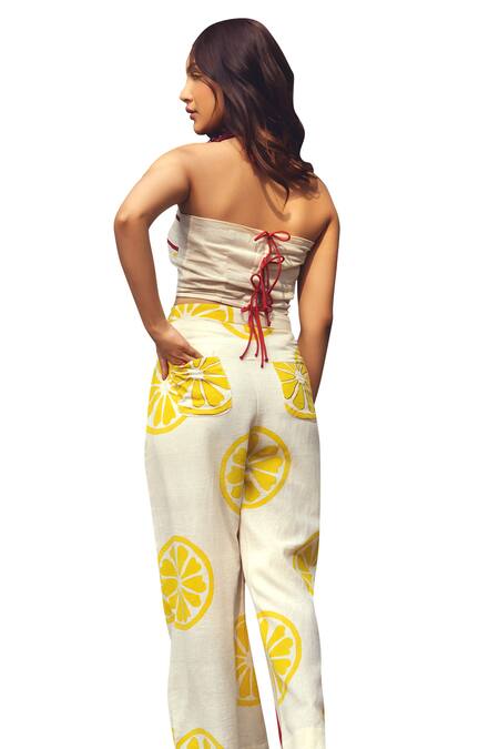 Shop_Akashi Clothing_Yellow Cotton Open Neck Limoncello Print Top With Pant _Online_at_Aza_Fashions