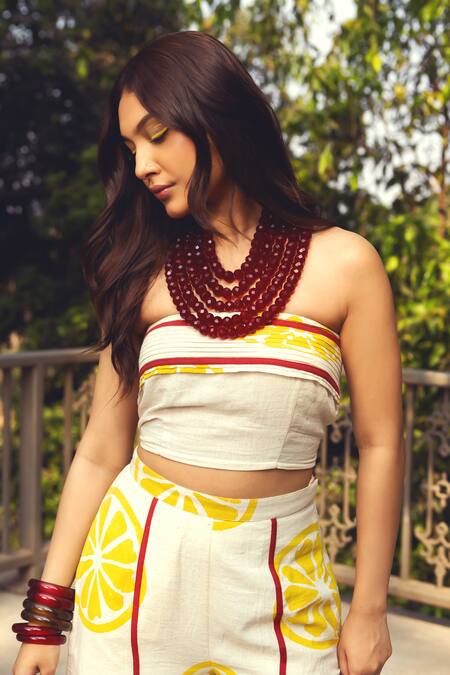 Shop_Akashi Clothing_Yellow Cotton Open Neck Limoncello Print Top With Pant 