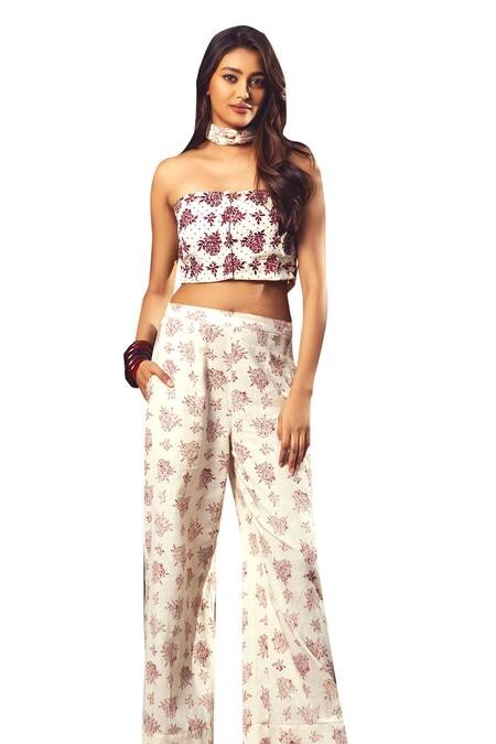 Shop Akashi Clothing Red Cotton Embroidery Square Neck Vintage Rose Top With Pant Online at Aza Fashions Shop_Akashi Clothing_Red Cotton Embroidery Square Neck Vintage Rose Top With Pant _Online_at_Aza_Fashions