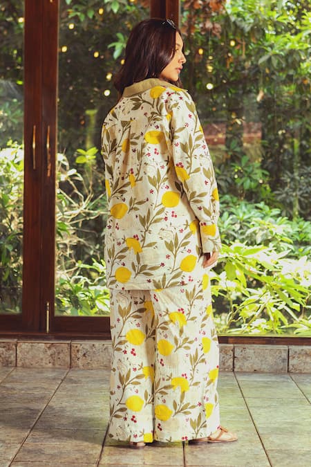 Shop_Akashi Clothing_Yellow Kala Cotton Printed Lemon Leaf Collar Shirt With Pant _at_Aza_Fashions