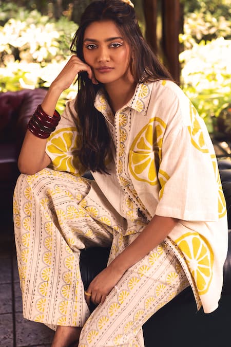 Akashi Clothing_Yellow Cotton Embroidery Collared Citrus Slice Print Shirt With Pant _Online_at_Aza_Fashions