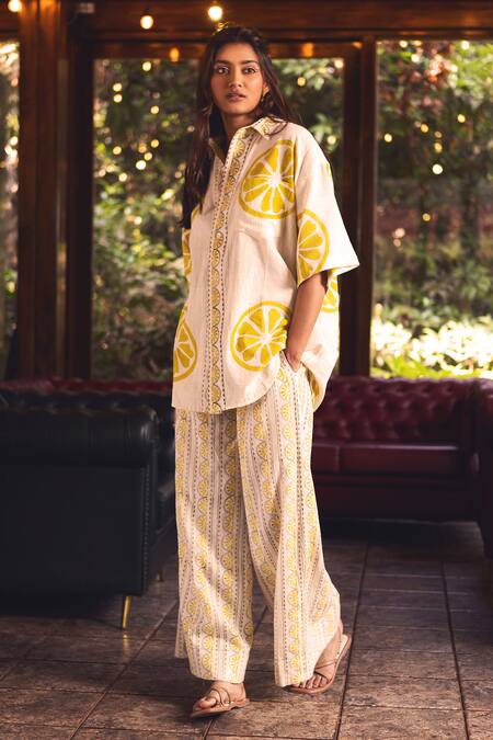 Buy_Akashi Clothing_Yellow Cotton Embroidery Collared Citrus Slice Print Shirt With Pant _Online_at_Aza_Fashions