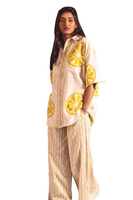 Shop_Akashi Clothing_Yellow Cotton Embroidery Collared Citrus Slice Print Shirt With Pant _Online_at_Aza_Fashions