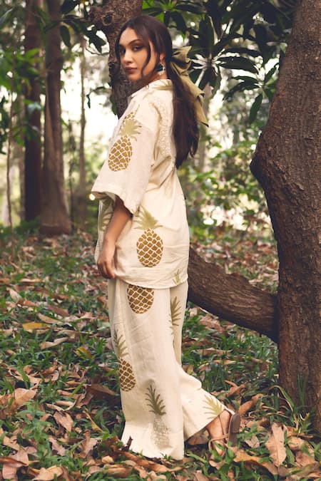 Shop Akashi Clothing Green Cotton Collared Tropical Pineapple Print Shirt With Pant at Aza Fashions Shop_Akashi Clothing_Green Cotton Collared Tropical Pineapple Print Shirt With Pant _at_Aza_Fashions