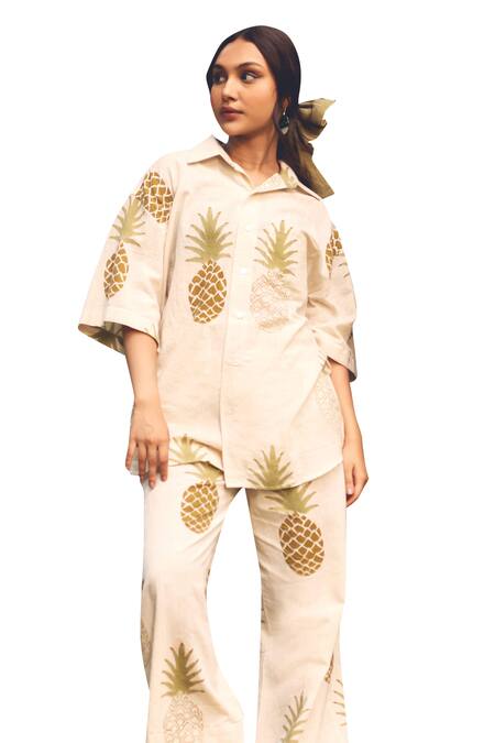 Akashi Clothing Green Cotton Collared Tropical Pineapple Print Shirt With Pant Online at Aza Fashions Akashi Clothing_Green Cotton Collared Tropical Pineapple Print Shirt With Pant _Online_at_Aza_Fashions