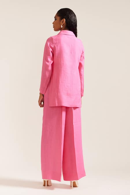 Shop Mini Sondhi Pink Linen Embroidery Cropped Blazer With Pant at Aza Fashions Shop_Mini Sondhi_Pink Linen Embroidery Cropped Blazer With Pant _at_Aza_Fashions