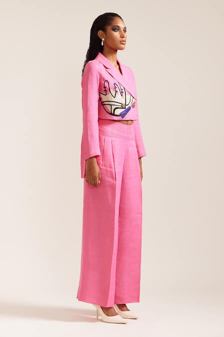 Mini Sondhi Pink Linen Embroidery Cropped Blazer With Pant Online at Aza Fashions Mini Sondhi_Pink Linen Embroidery Cropped Blazer With Pant _Online_at_Aza_Fashions