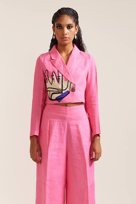Buy Mini Sondhi Pink Linen Embroidery Cropped Blazer With Pant Online at Aza Fashions Buy_Mini Sondhi_Pink Linen Embroidery Cropped Blazer With Pant _Online_at_Aza_Fashions