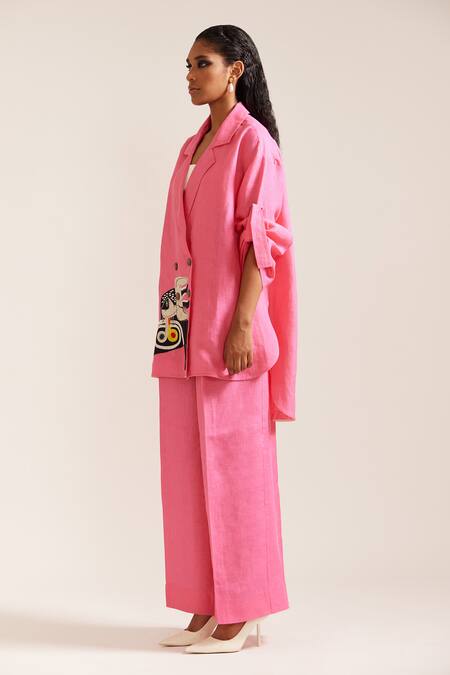 Mini Sondhi Pink Linen Embroidery Oversized Blazer With Pant Online at Aza Fashions Mini Sondhi_Pink Linen Embroidery Oversized Blazer With Pant _Online_at_Aza_Fashions